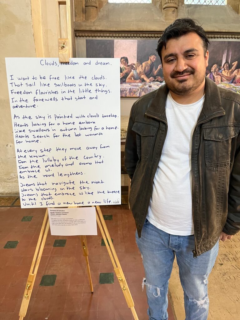 Fernando and his artwork at St Albans Cathedral.