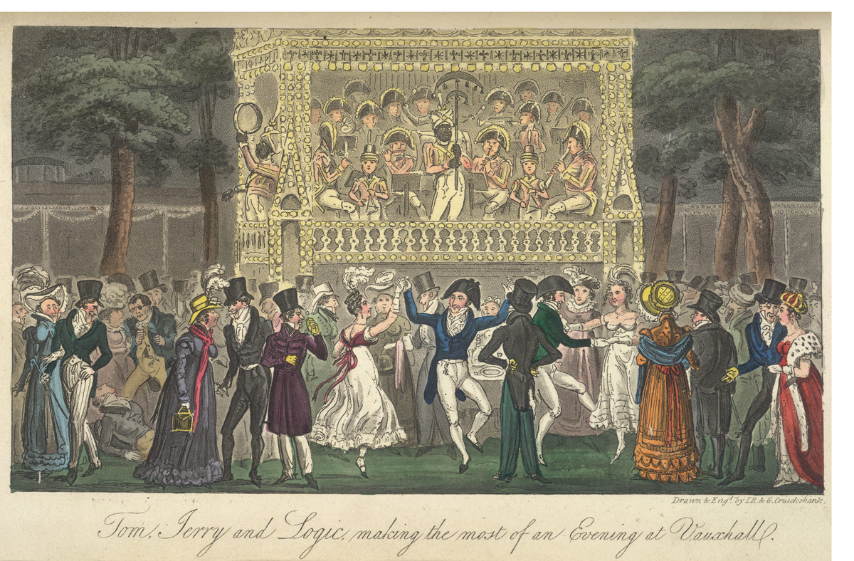 Dancing scene by Cruikshank, typical of those seen in the 18th century.