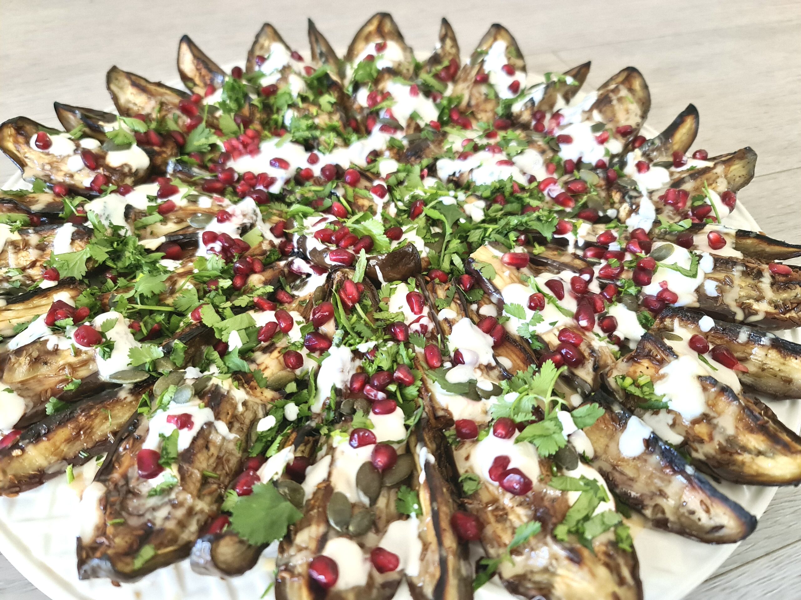 Charred aubergine.