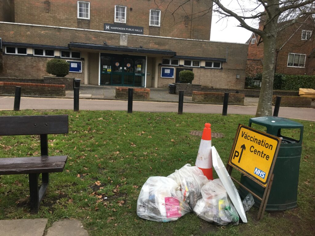 Fly-tipped rubbish outside Harpenden Public Halls.