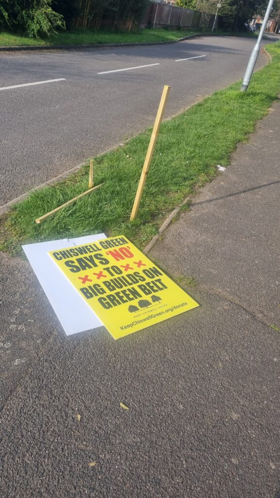 Damage to campaign signs in Chiswell Green.