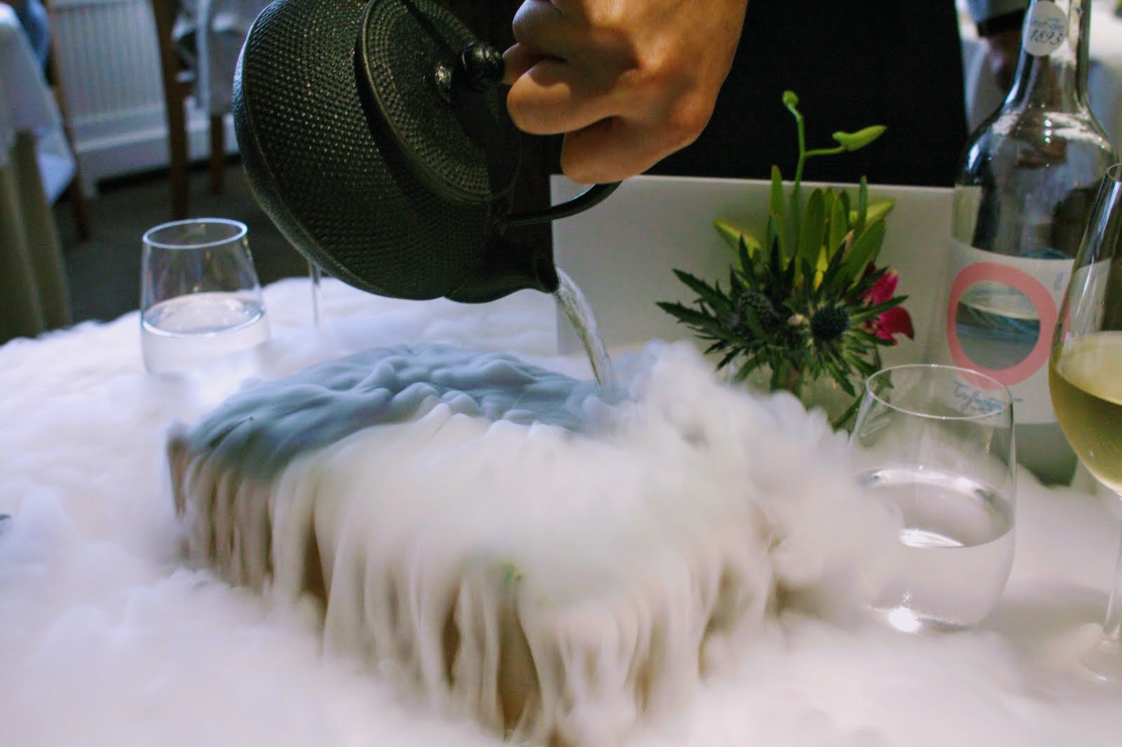 The waiter pours liquid nitrogen onto the moss bed, creating a smokey (steamy?) mist which emanates from the woodland, pouring over us as we eat our meal.