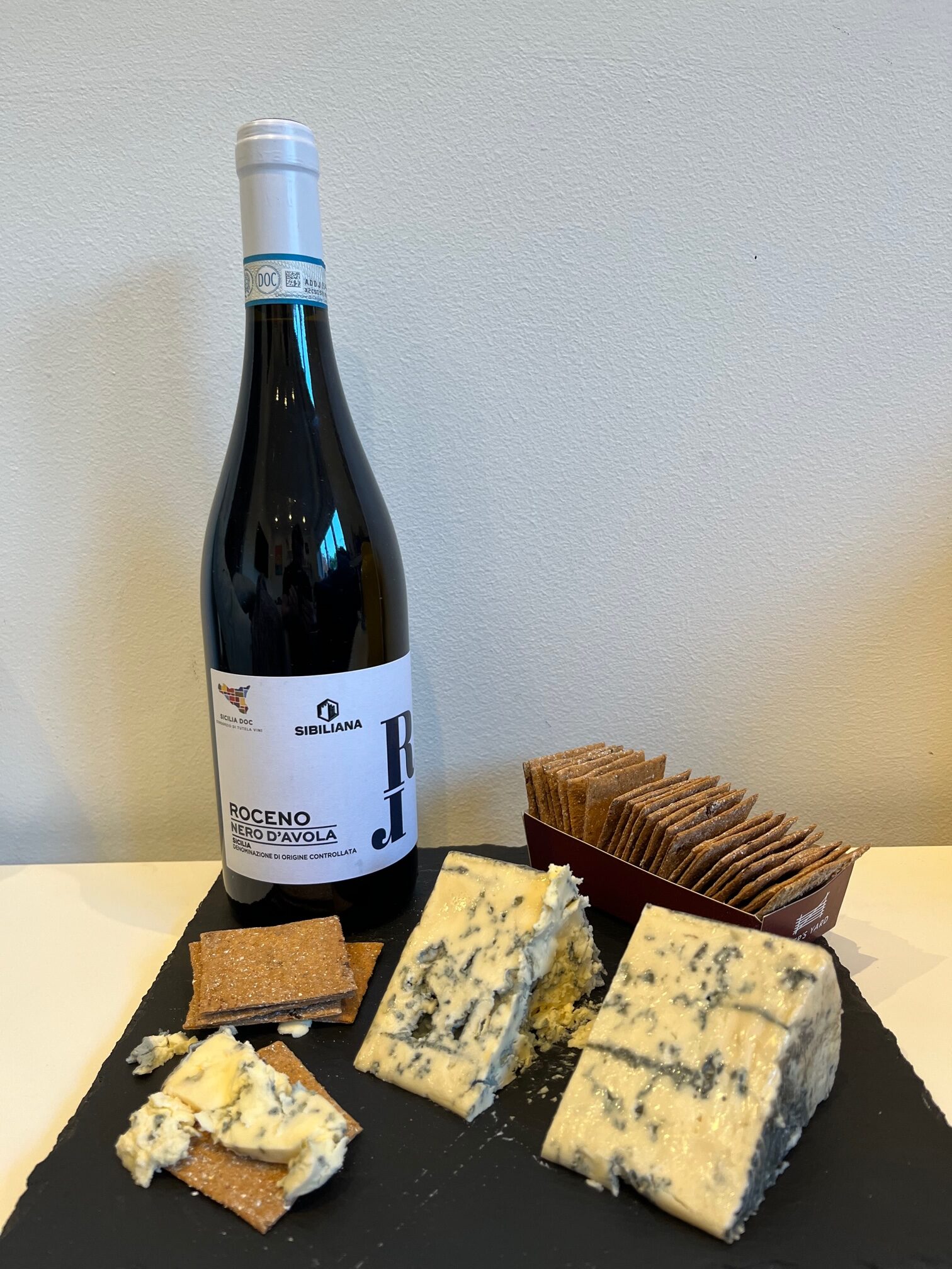 Cashel Blue cheese from the Fleetville Larder with Sibiliana Winery's Roceno Nero d'Avola