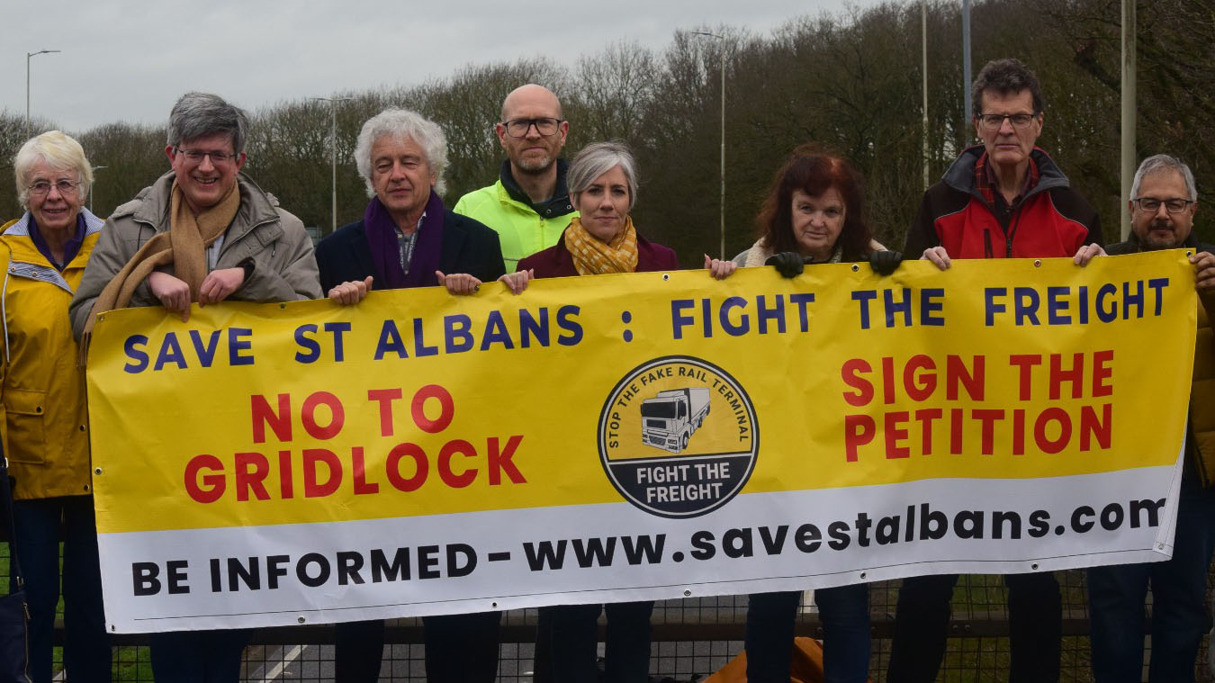 Daisy Cooper with rail freight campaigners.