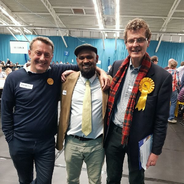Shakir Rahman (centre) with district councillor Edgar Hill and county councillor Sandy Walkington in a publicity photo from the 2018 election.