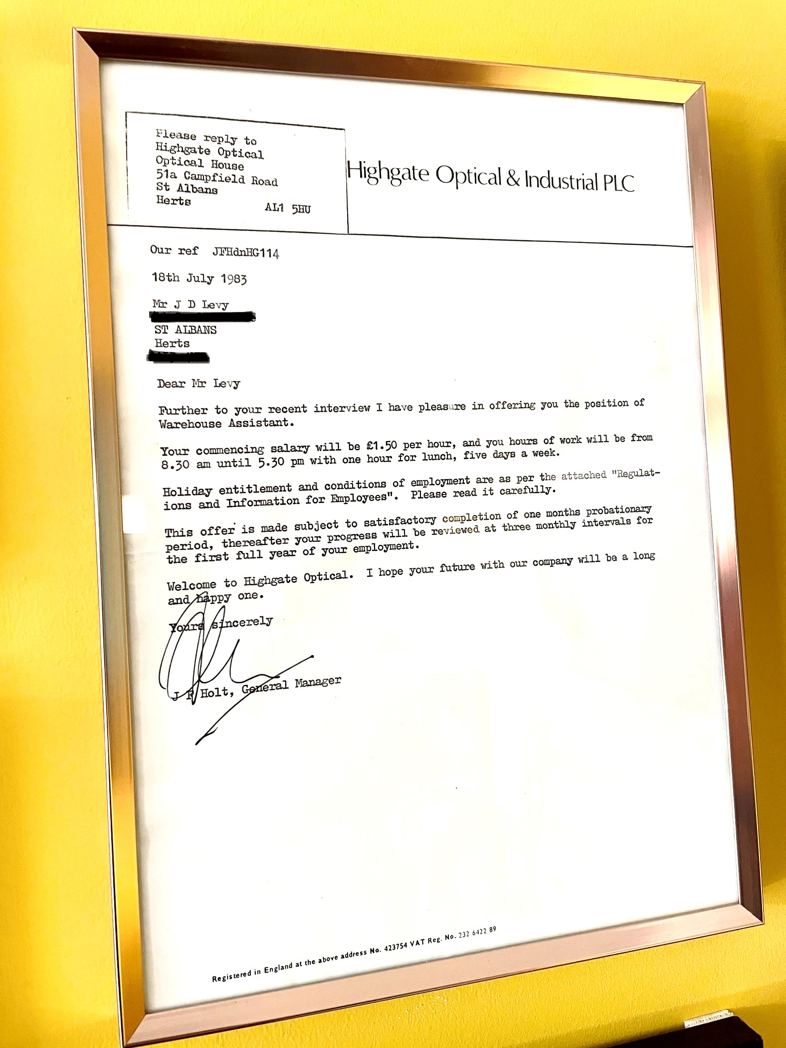 Jez's original job offer letter from 40 years ago.
