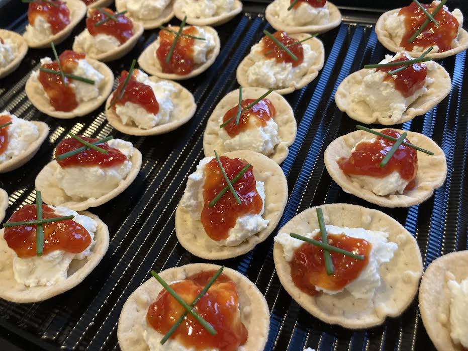 Goat's cheese and tomato jam canapes.