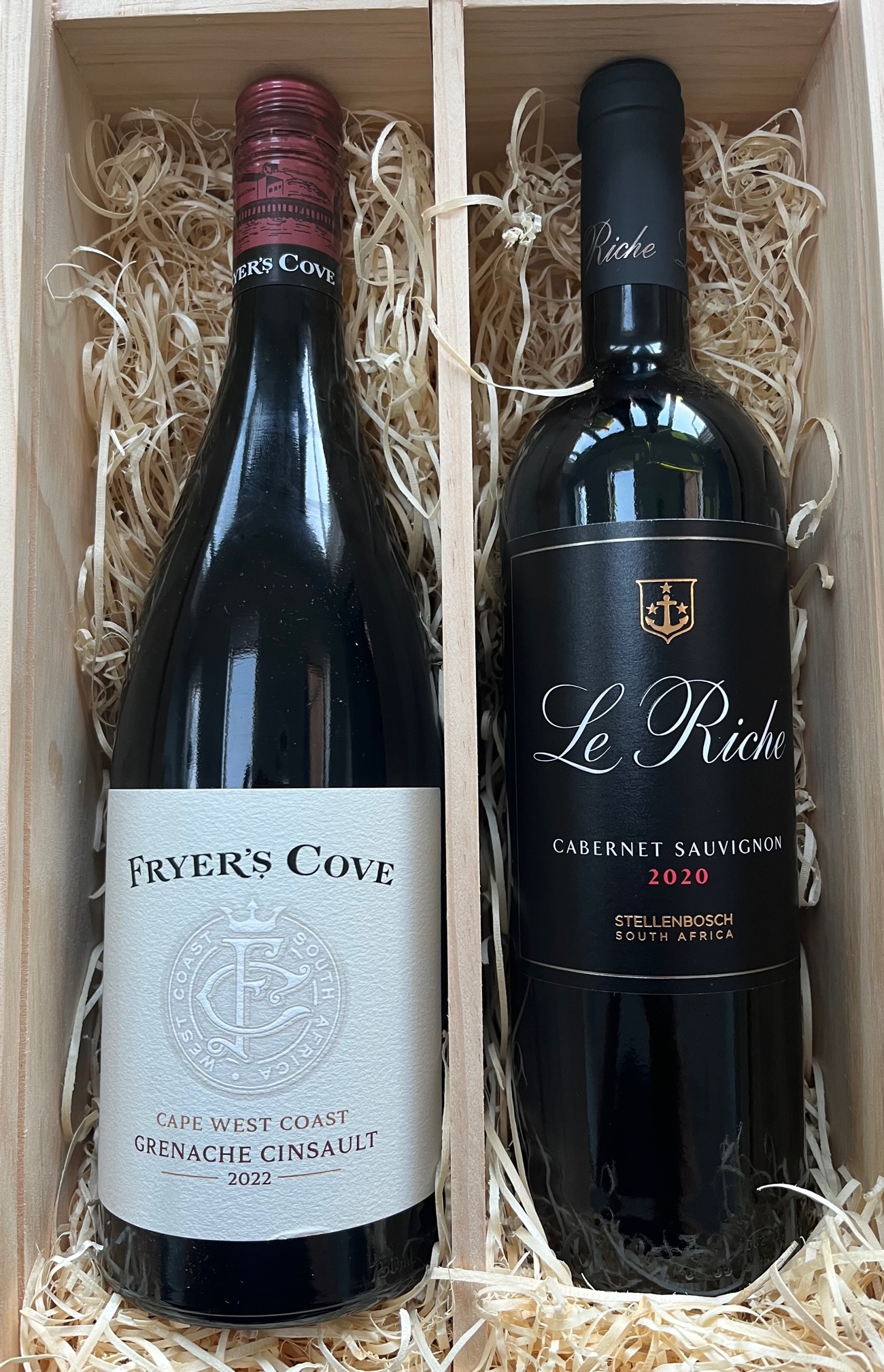 Fryers Cove Cape West Coast Grenache Cinsault 2022 and Le Riche Cabernet Sauvignon 2020.