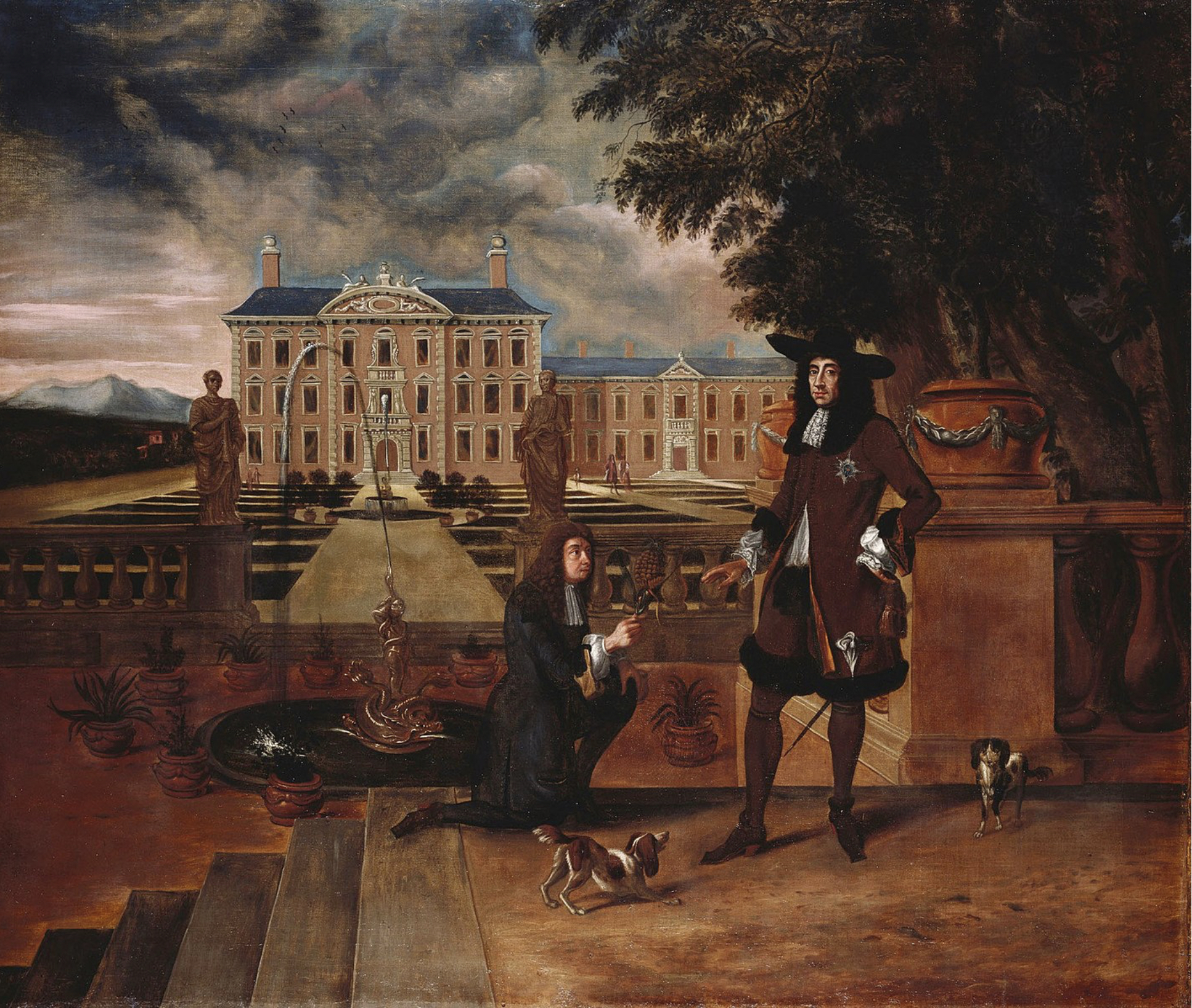 Charles II given the first pineapple grown in England by his gardener, John Rose. 1675, Hendricks Danckerts.