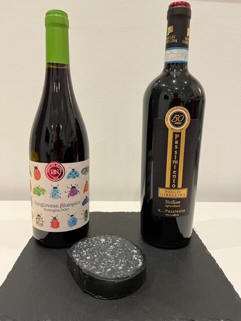 Sangiovese Biologico Romagna DOC 2020, Baglio Gibellina U Passimiento 2021 and Charcoal log cheese.