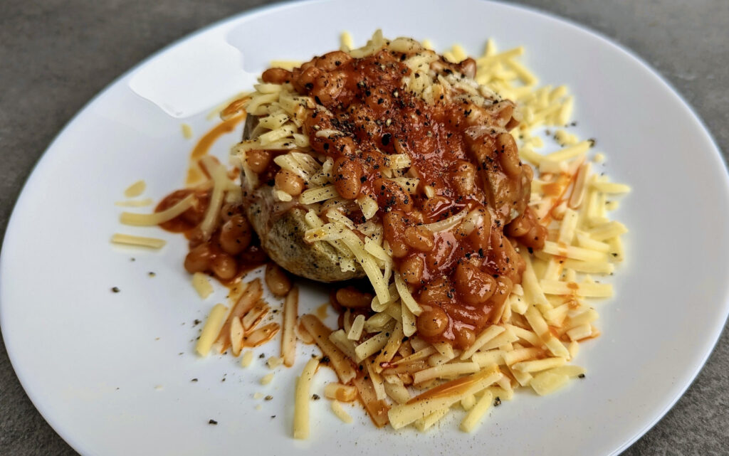 Baked beans, cheese and jacket potato.