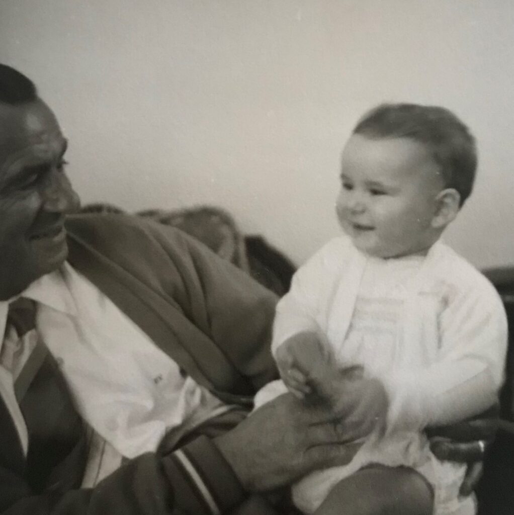 Caroline’s grandfather David Verblow with her brother Larry Mindel as a baby, taken in 1954. David would tell stories of his courtship with their grandmother, Anne, after they met in New York during the First World War. He had been sent away by his father to avoid conscription having already lost one son in battle in France. David promptly joined the Canadian army as a PE instructor. After Anne died at a young age, David travelled on ships visiting his siblings in Spain, South Africa and the USA, as well as travels to the Middle East and the Far East.