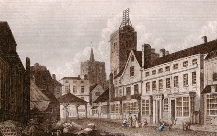 St Albans Market Place in 1810 showing the naval shutter telegraph on top of the Clock Tower. Courtesy of St Albans Museum + Gallery