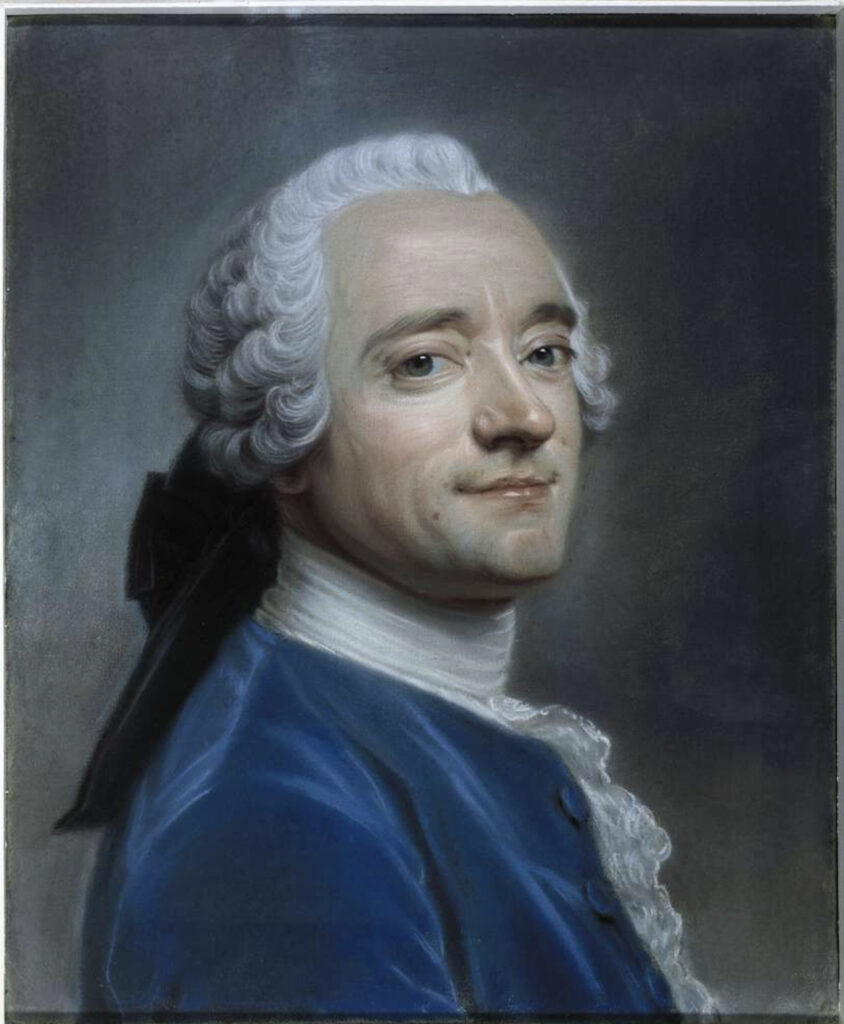Man in blue coat and white wig tied back. By M.Q. de la Tour. 1750. Paris Museum