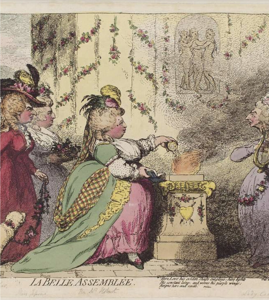 La Belle Assemblée by James Gillian. Caricature of bewigged Ladies. 1787. National Portrait Gallery.