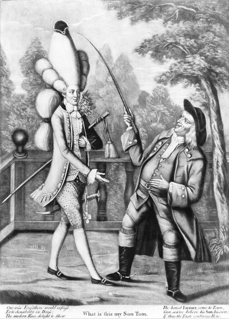Is this my son, Tom? Caricature of Macaronis. 1774. British Museum.