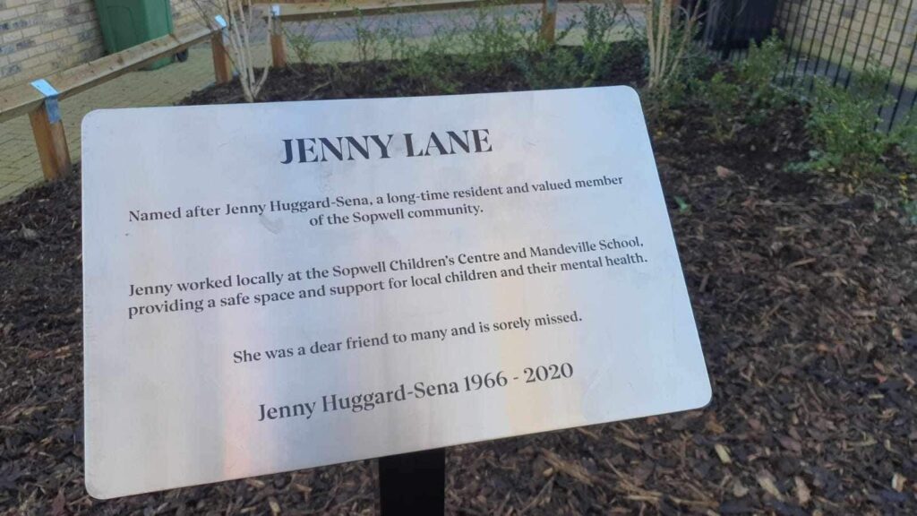 The plaque in memory of Jenny Huggard-Sena.