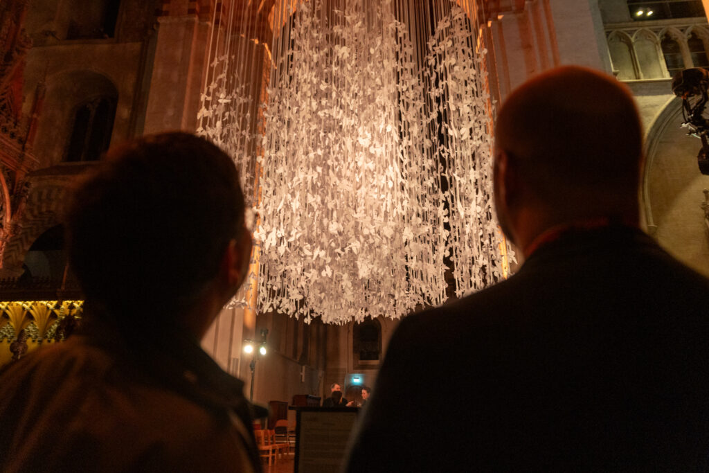 Peace Doves installation by Peter Walker Sculptor at St Albans Cathedral. Photo: Toby Shepheard