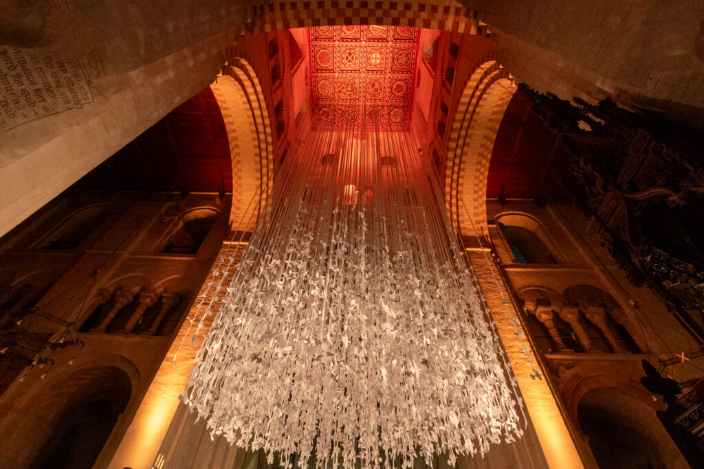 Peace Doves installation by Peter Walker Sculptor at St Albans Cathedral. Photo: Toby Shepheard