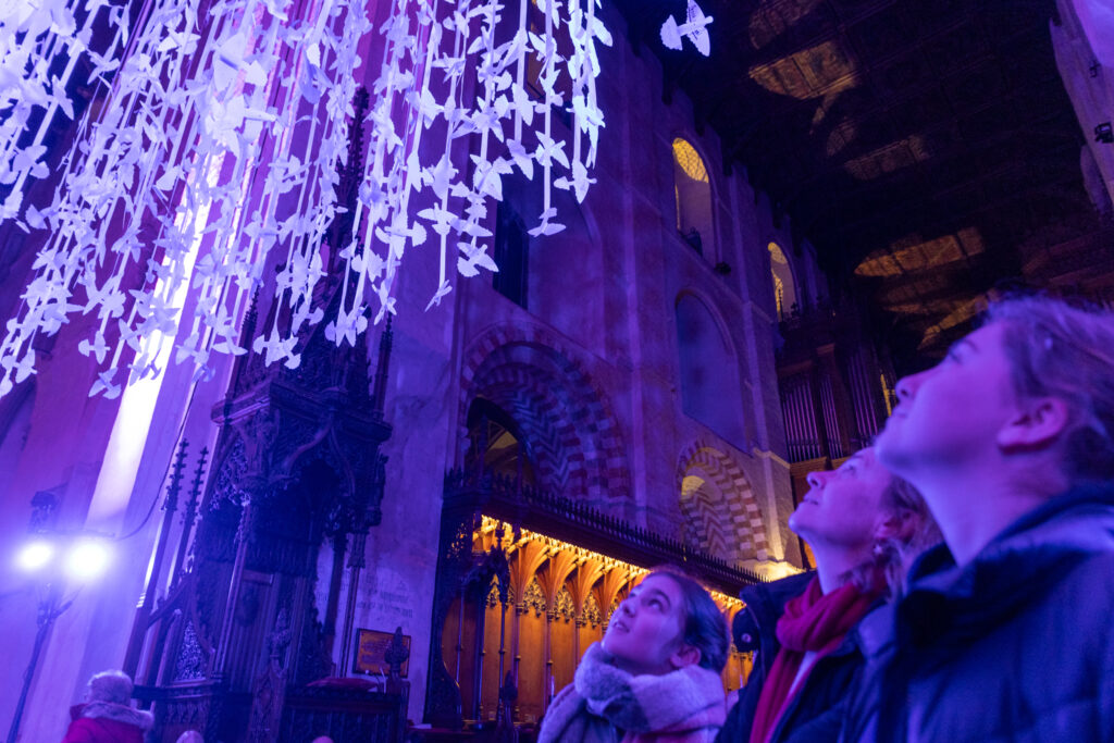Peace Doves installation by Peter Walker Sculptor at St Albans Cathedral. Photo: Toby Shepheard