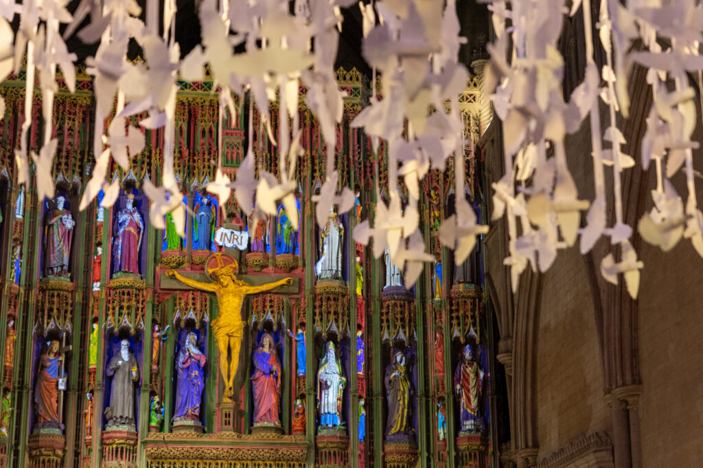 Peace Doves installation by Peter Walker Sculptor at St Albans Cathedral. Photo: Toby Shepheard