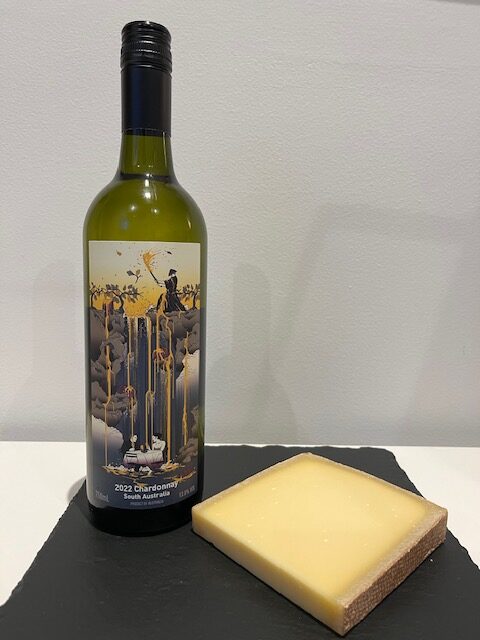 The Unfiltered Dog, ‘SAMURAI’ Chardonnay 2022 with Gruyere cheese.