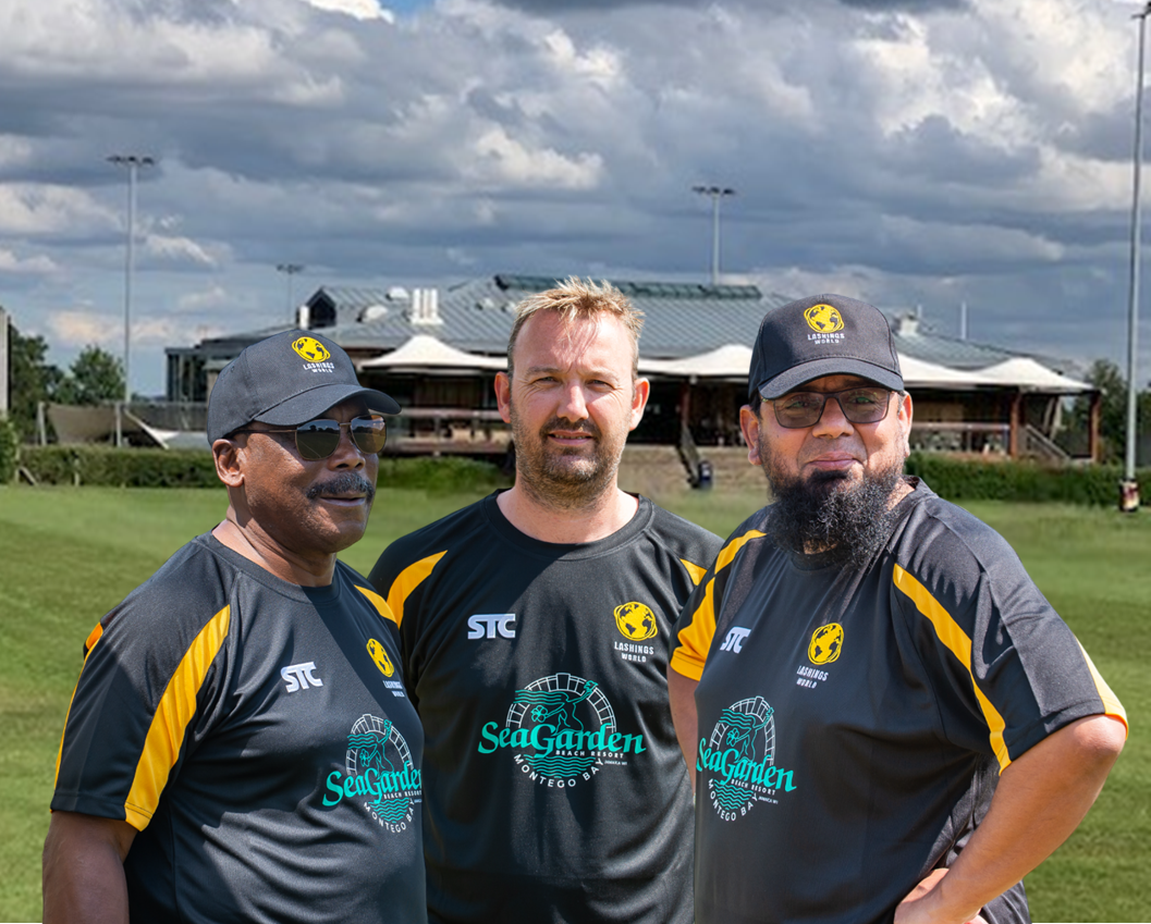 Sir Gordon Greenidge, Chris Schofield and Saqlain Mushtaq in front of Woollams Pavilion.