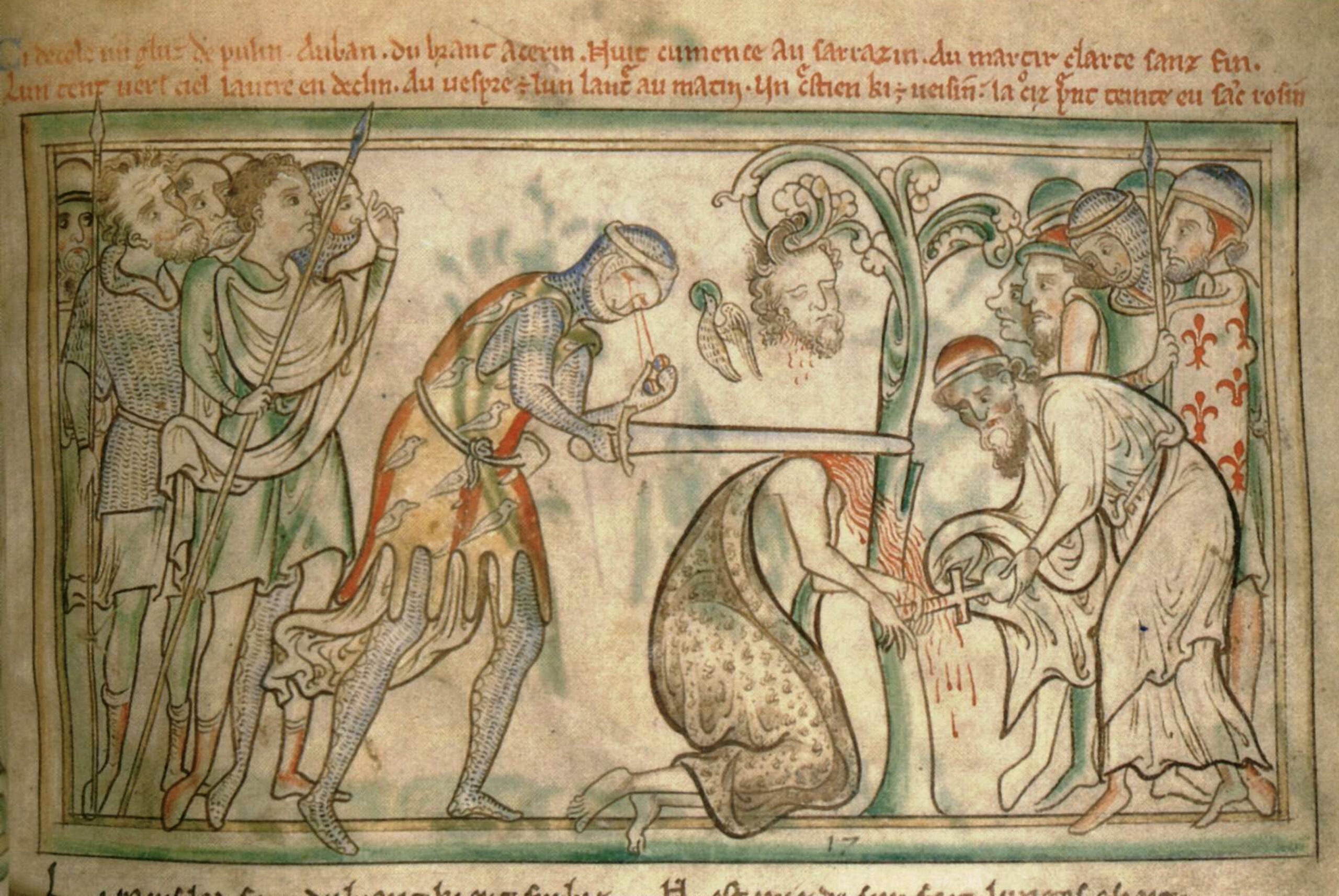 Beheading of Alban. 13th century manuscript - Life of St Alban. Credit to Dublin Trinity College Library.
