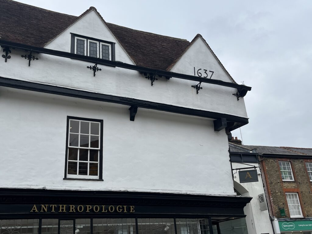 The Three Gables in Market Place, now home to Anthropologie, bears a date at the very top of the building of 1637.