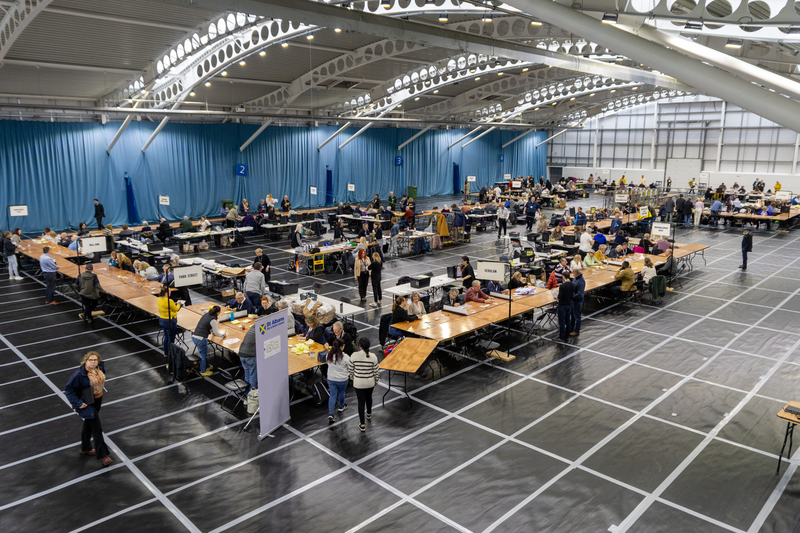 Votes are counted at Batchwood Sports Centre. Photo: Toby Shepheard