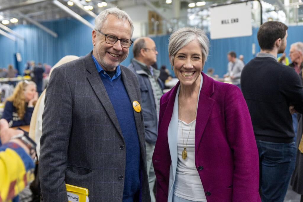 Former St Albans Council Leader Chris White and Deputy Leader of the Liberal Democrats Daisy Cooper MP at Batchwood Sports Centre, St Albans during the May Local Elections.