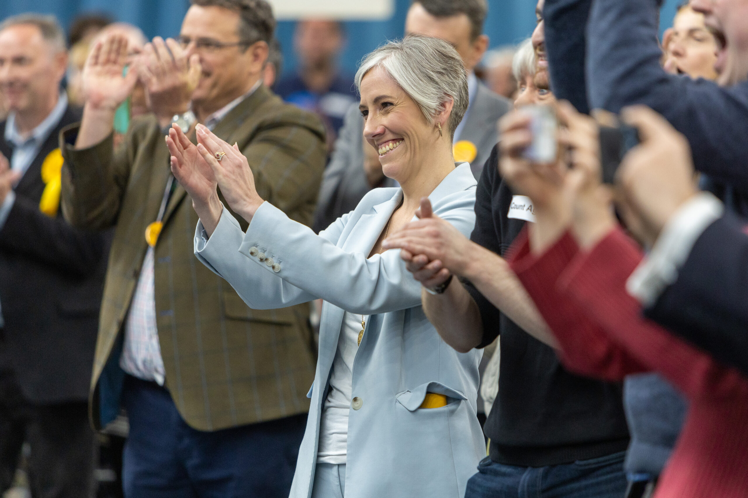 Deputy Leader of the Liberal Democrats Daisy Cooper MP applauding Lib Dem candidates at Batchwood Sports Centre, St Albans during the May Local Elections.
