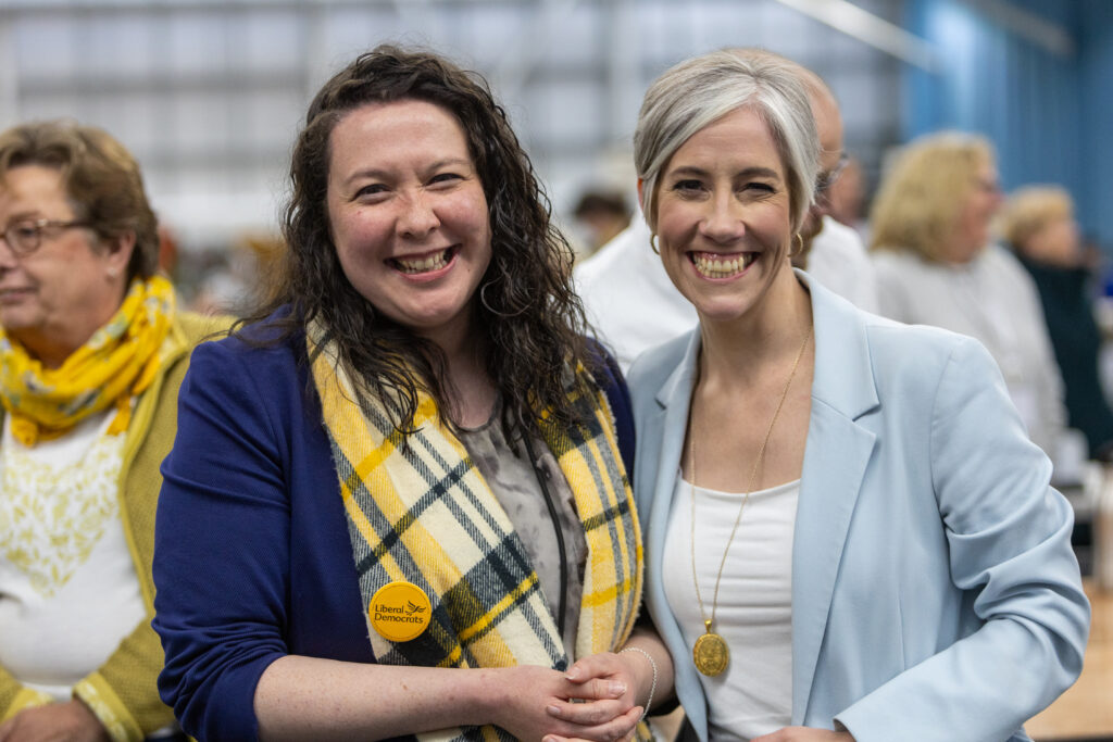 Victoria Collins, Parliamentary candidate for Harpenden & Berkhamsted and Deputy Leader of the Liberal Democrats Daisy Cooper MP at Batchwood Sports Centre, St Albans during the May Local Elections.