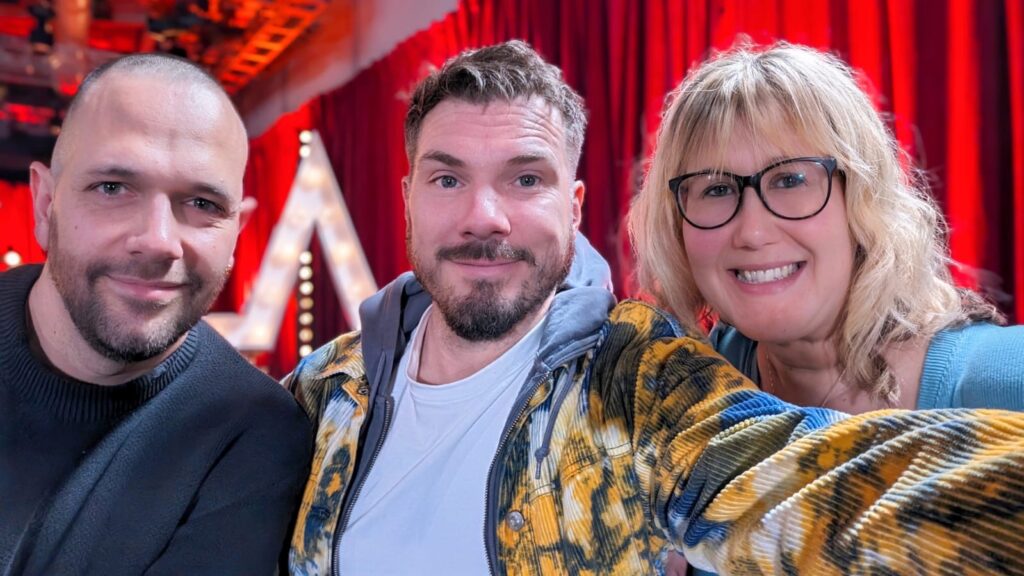 Mike Woodhams on BGT with his partner Andrew and friend Kate.