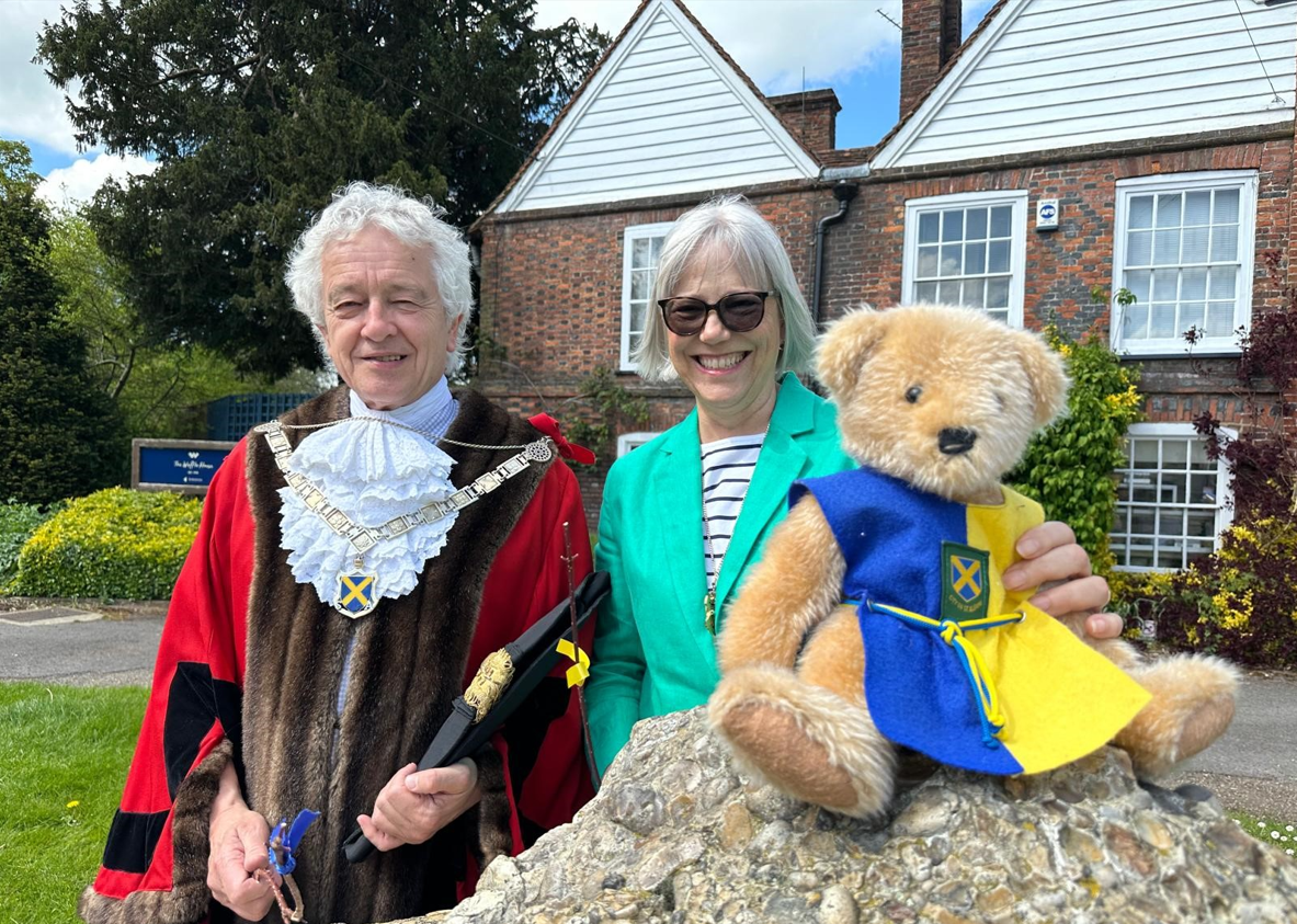 The Mayor, Cllr Anthony Rowlands, with the Mayoress, Annie Stevenson, at the puddingstone.
