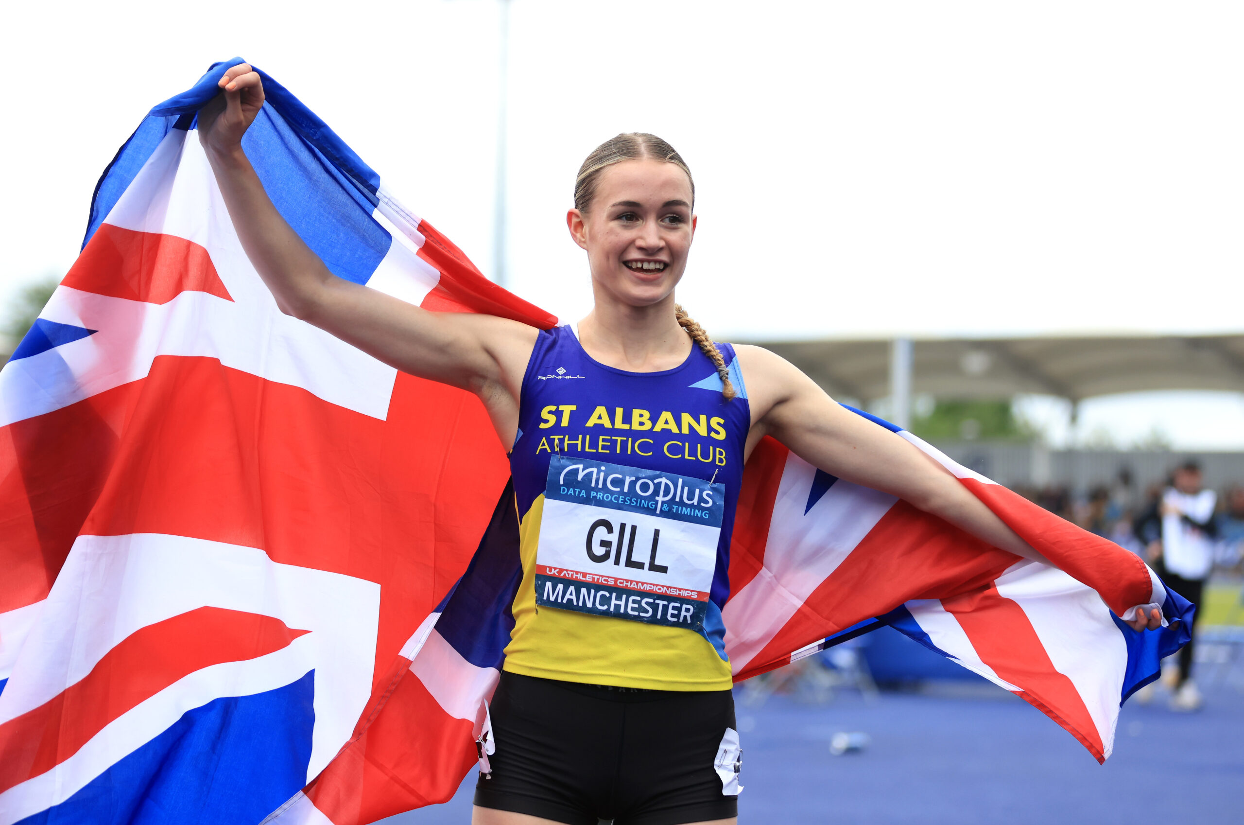 Phoebe Gill of Team St Albans AC celebrates victory in Women's 800 Metres Final on Day Two of UK Athletics Championships 2024 at Manchester Regional Arena on June 30. Photo by Stephen Pond - British Athletics/British Athletics via Getty Images)