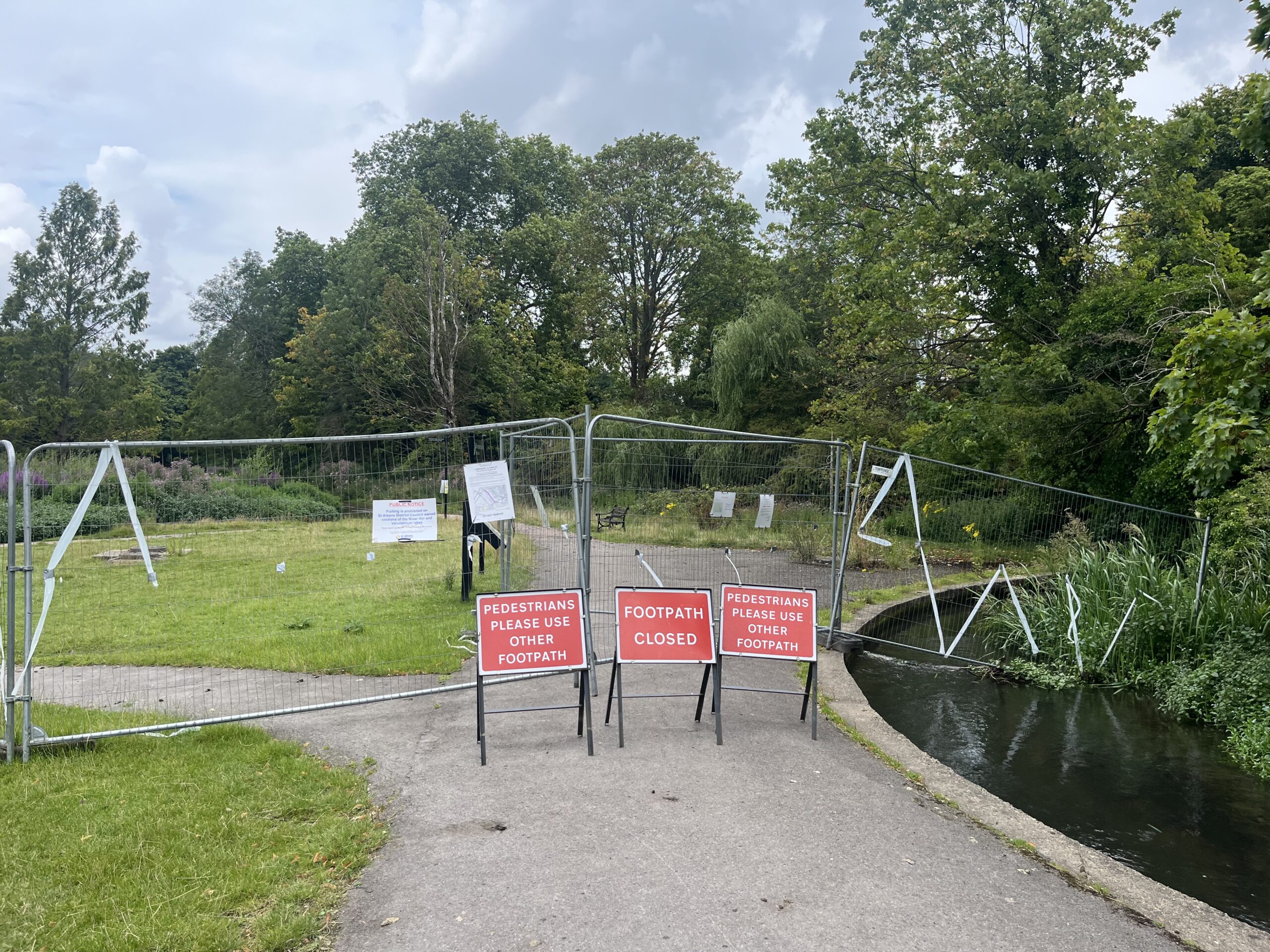 The closed footpath in Verulamium Park.