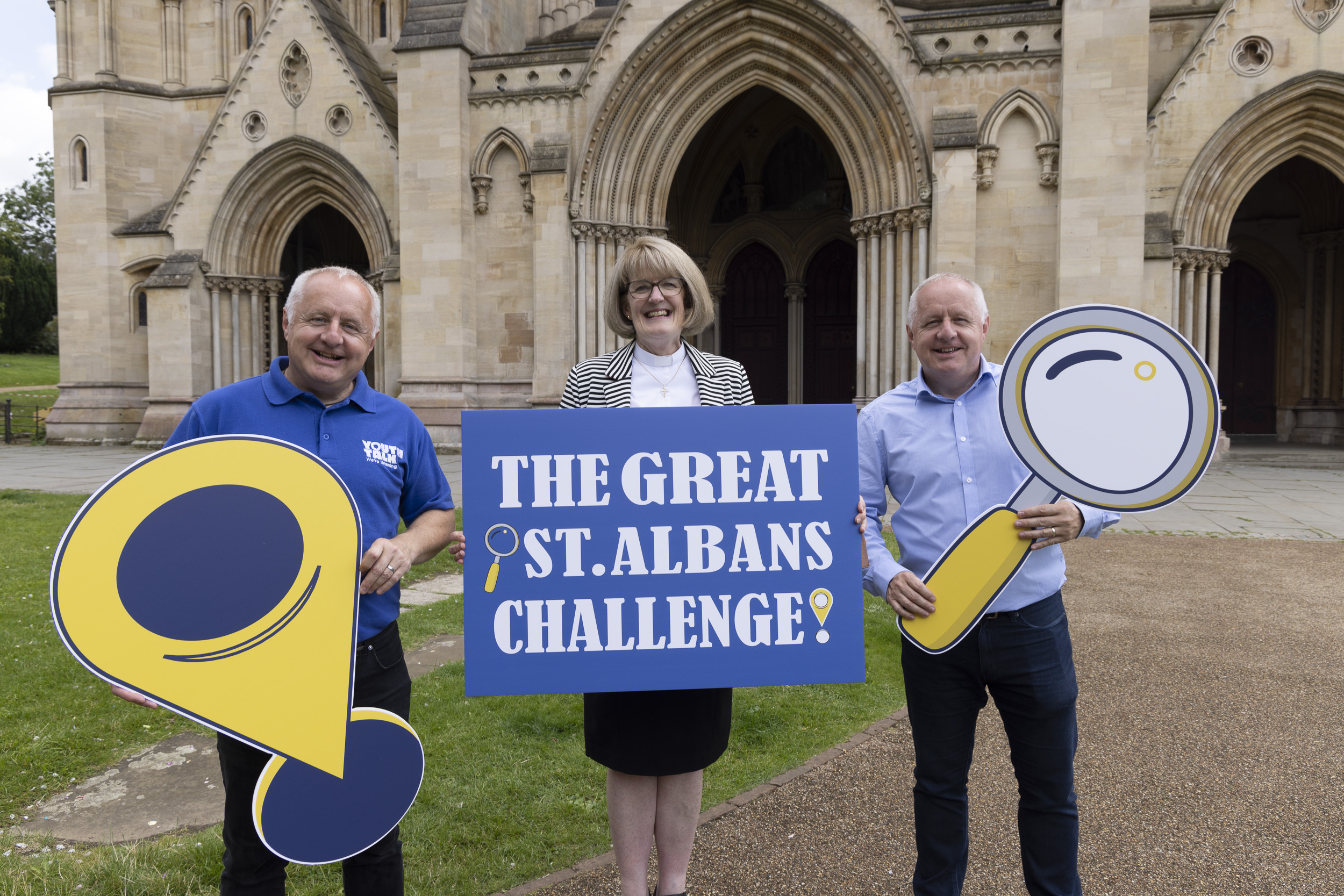 David Barker, the Dean of St Albans the Very Rev’d Jo-Kelly Moore, and David Barker launch the Great St Albans Challenge. Photo: Tony Barr.