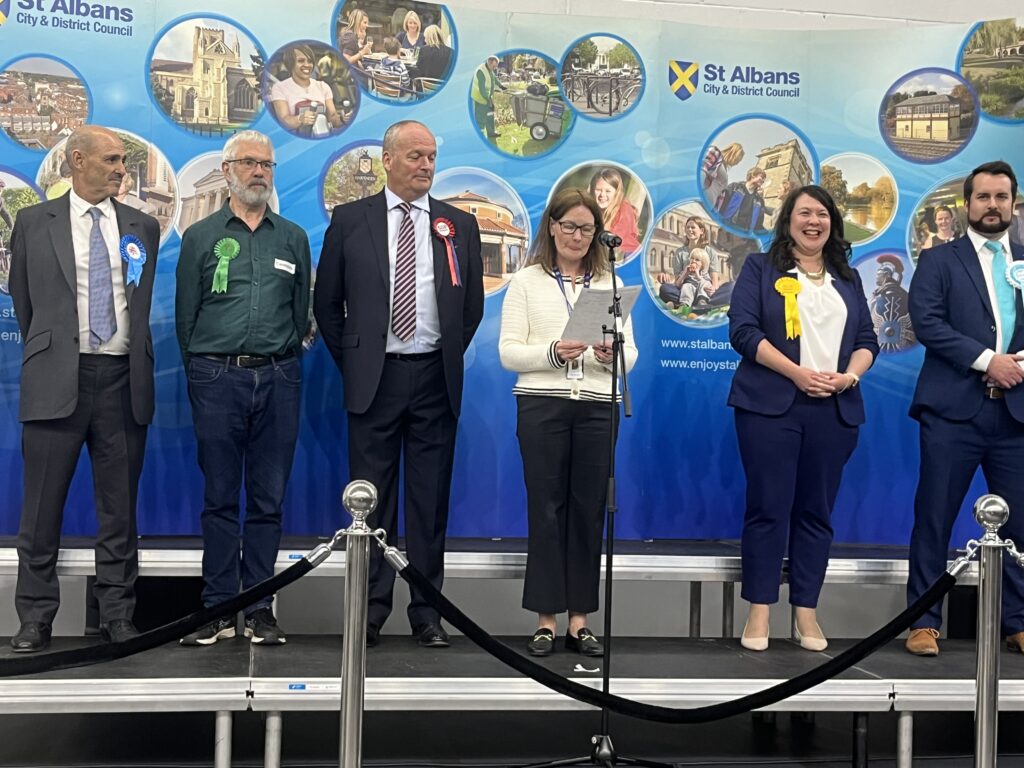 Victoria Collins is announced as MP for Harpenden and Berkhamsted