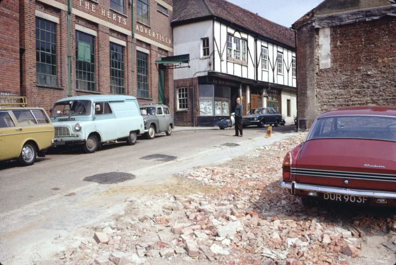 The car park entrance next to the Swan.