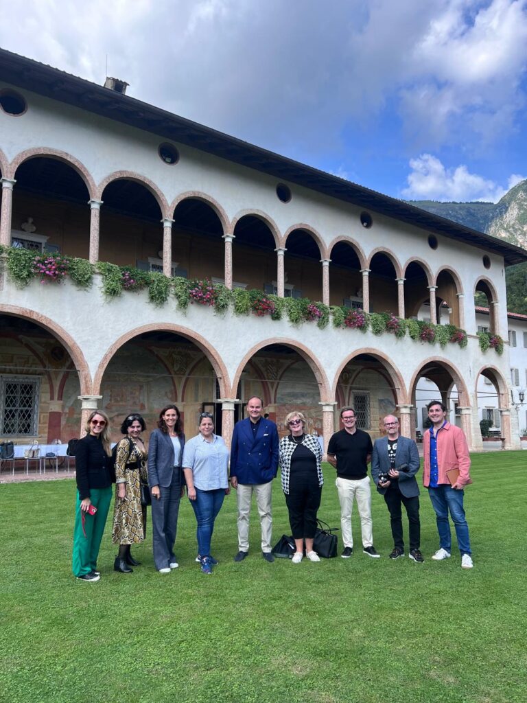 Villa Morgan, Matteo and Camilla Lunelli with Darren and wine press.