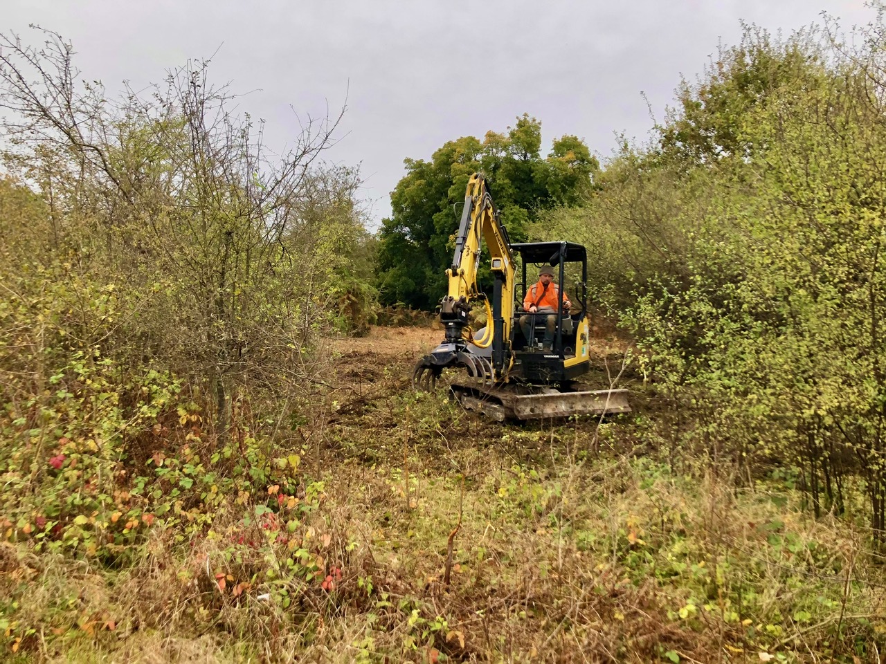 Contractors at work clearing scrubland at Bedmond Lane Wildlife Meadow.