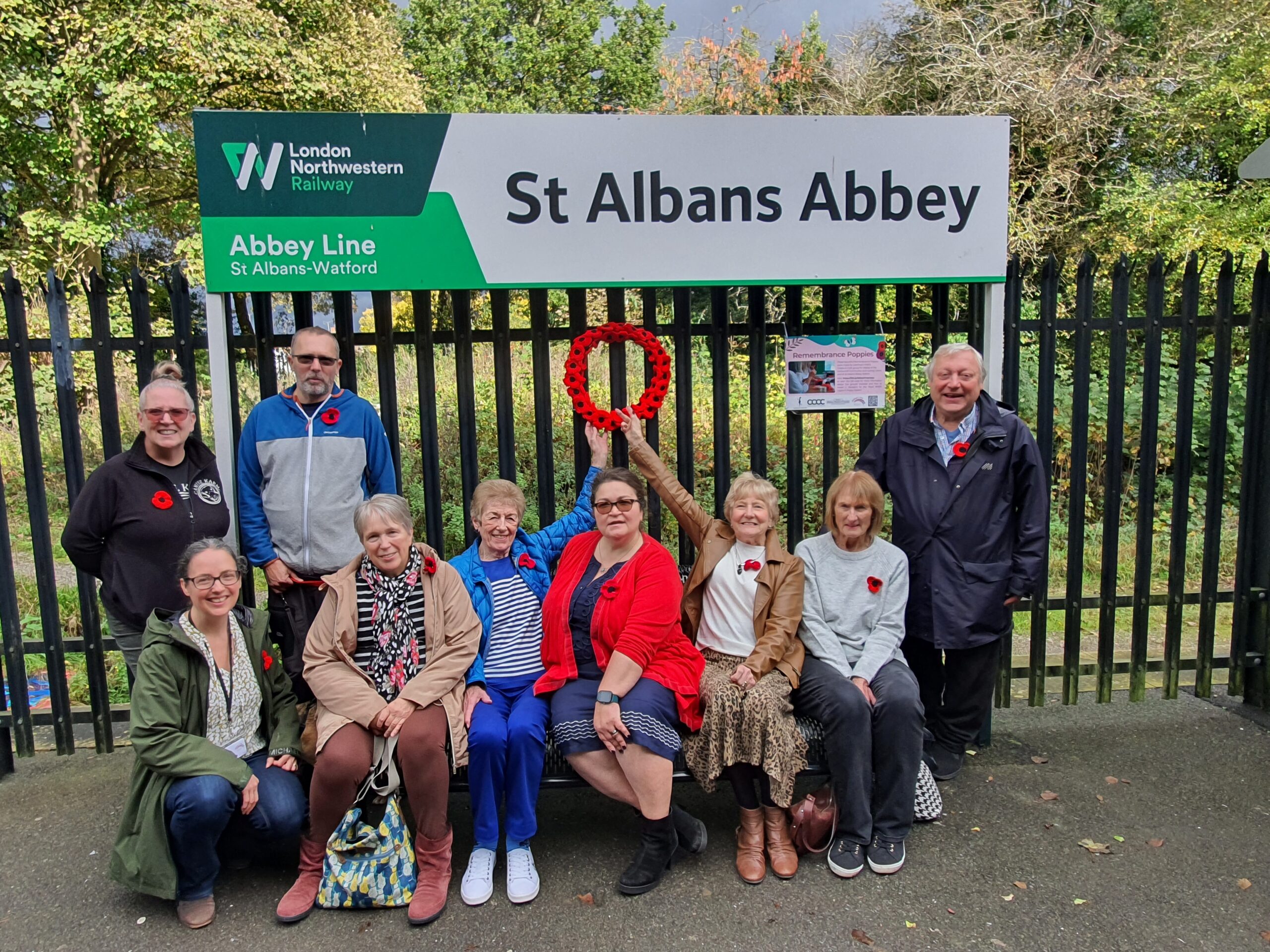 The crocheted poppy wreath at St Albans Abbey Station. Photo: Gail Jackson