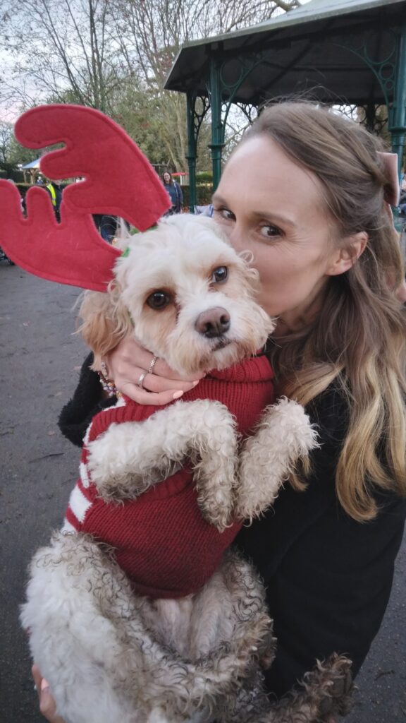 Best dressed dog Dougie pictured with owner Carol Thompson. Photo: Peter Crumpler