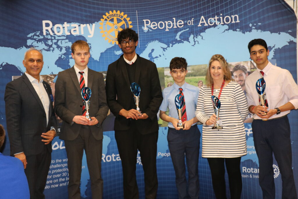 Nitesh Joshi, Chairman of Rotary in Great Britain and Ireland with the St Columna’s team of Robert King, Shimal Fernando, Marco Porto, teacher Michelle Penn and Drav Gajjar.