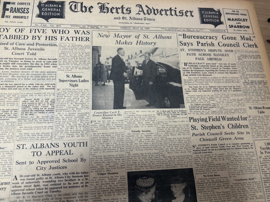 A bound volume of the Herts Advertiser dating from 1957-58.