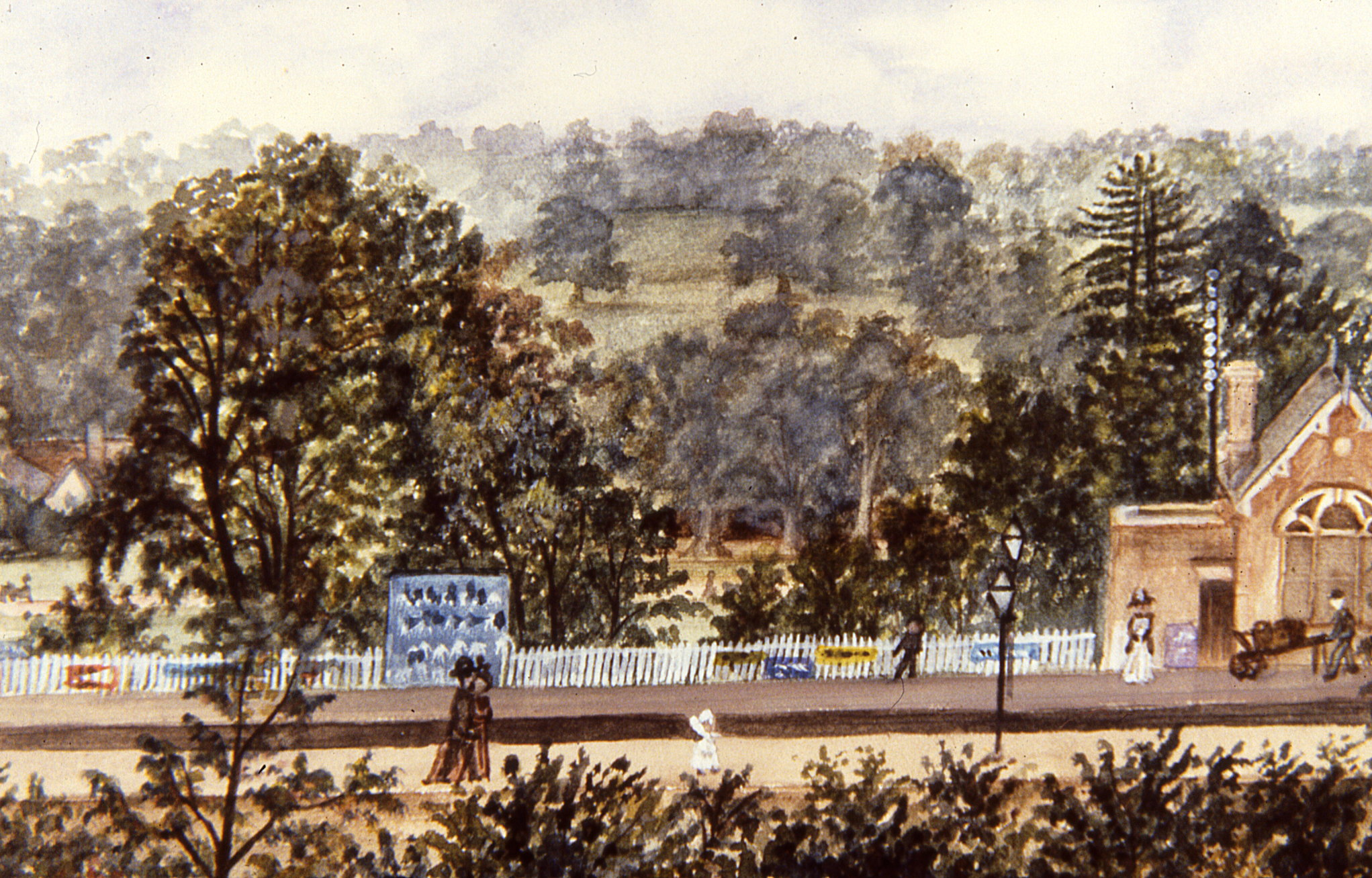 Watercolour of Harpenden Station looking west in a rural setting before Arden Grove was developed