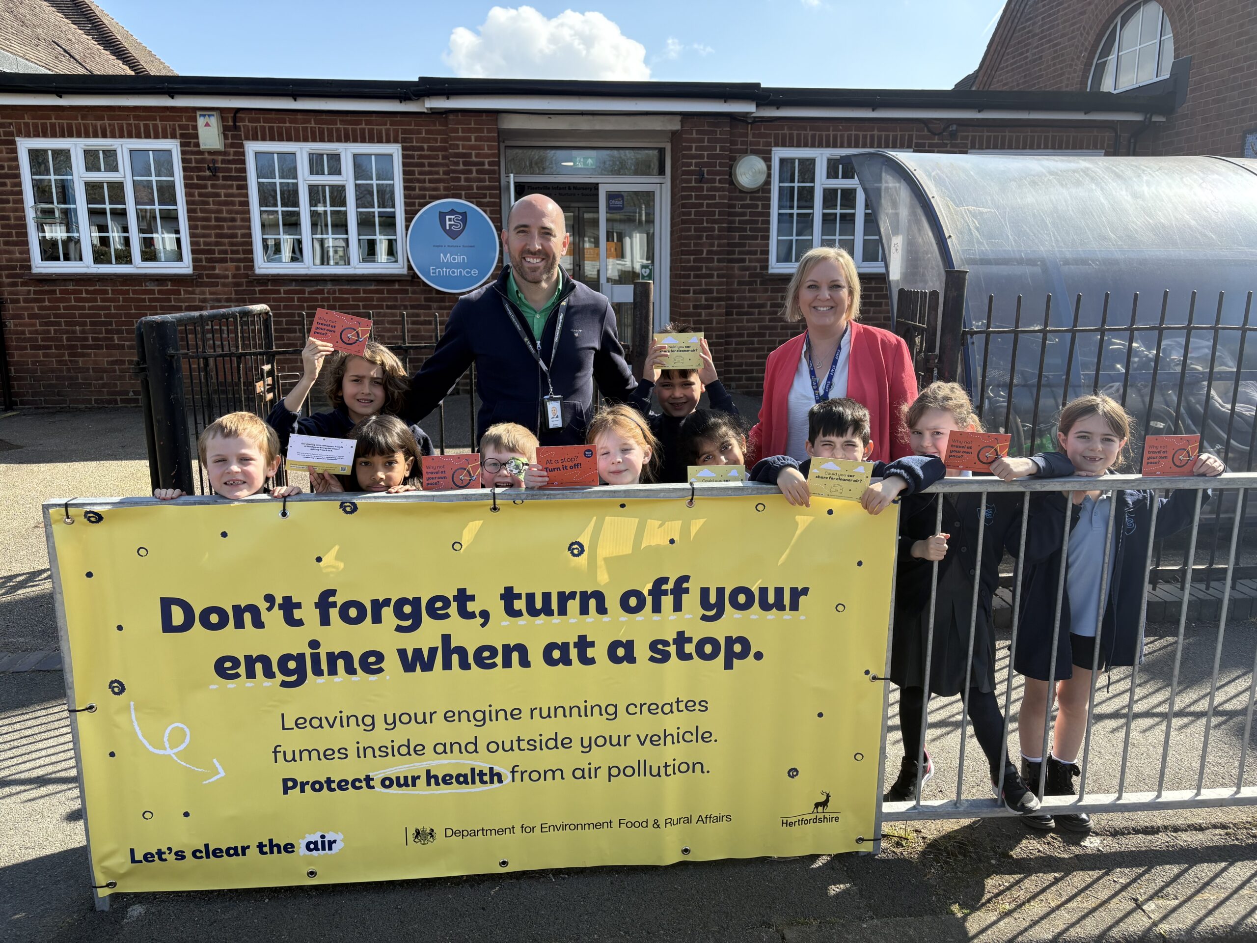 Cllr Matt Fisher with Jen Gardner and pupils from Fleetville Infant and Nursery School.