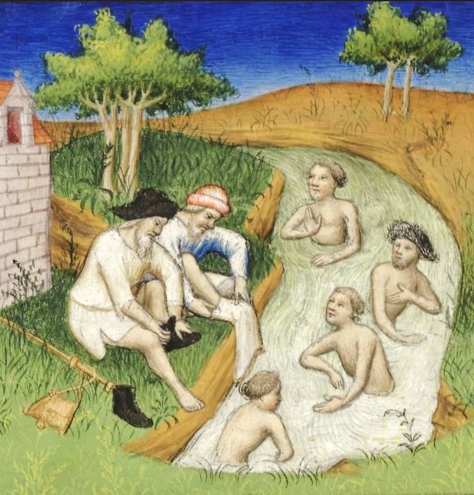 Medieval pilgrims bathing in a river c1410
