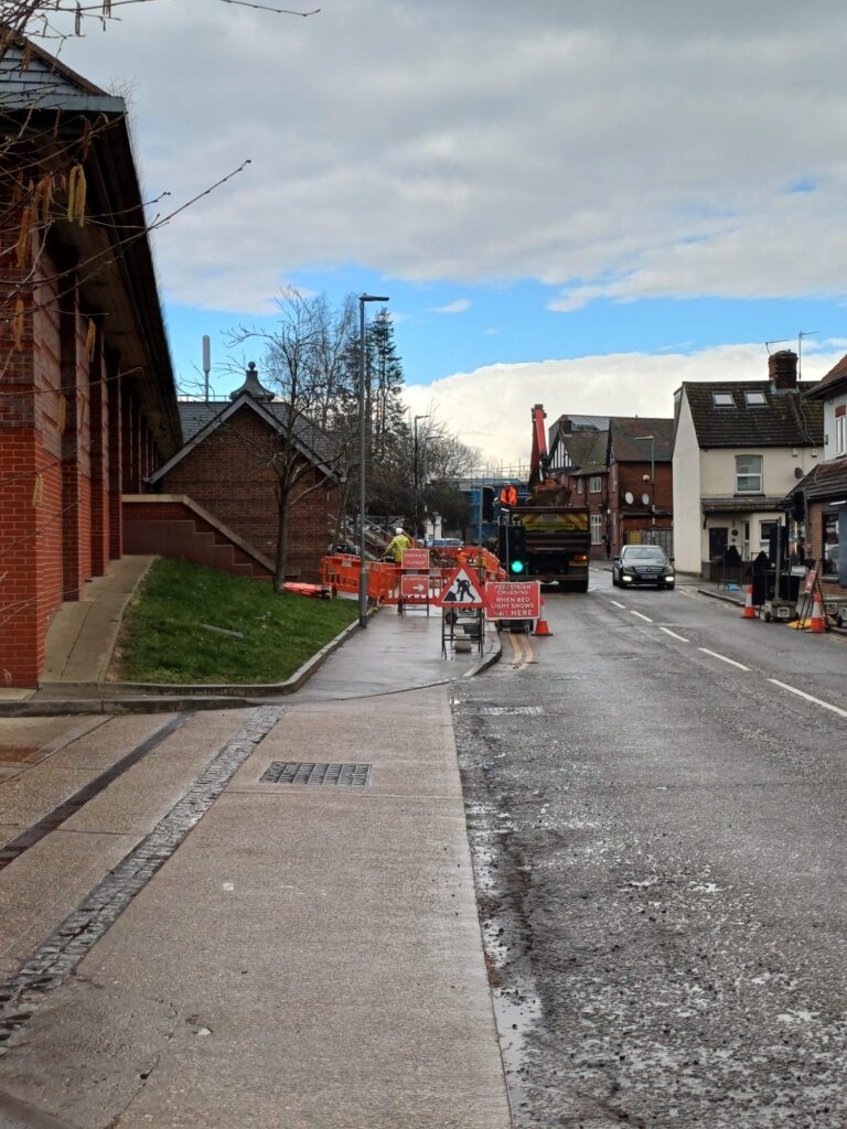 Roadworks at the junction of Hatfield Road and Sutton Road in Fleetville.